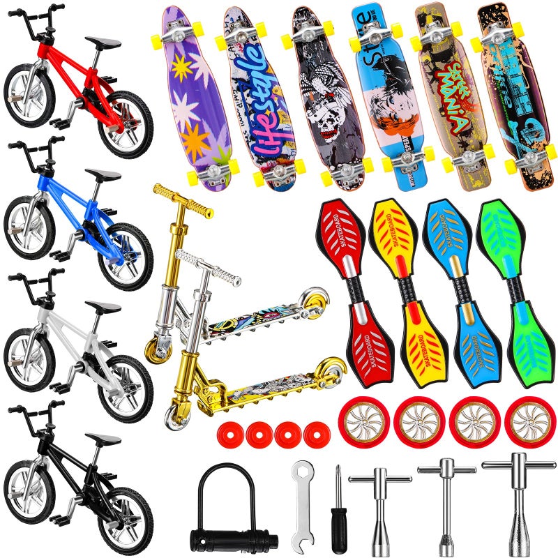 Skylety 31 Pieces Mini Finger Toys Set for Boy Girl Includes 6 Finger Skateboards, 4 Bikes, 2 Mini Scooters 4 Swing Board 8 Matched Wheels 7 Tool Accessories Educational Toy Party Favor(Novel) - Image 1