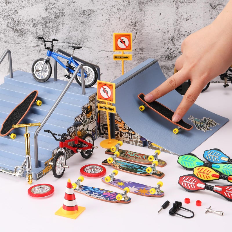 Skylety 31 Pieces Mini Finger Toys Set for Boy Girl Includes 6 Finger Skateboards, 4 Bikes, 2 Mini Scooters 4 Swing Board 8 Matched Wheels 7 Tool Accessories Educational Toy Party Favor(Novel) - Image 2