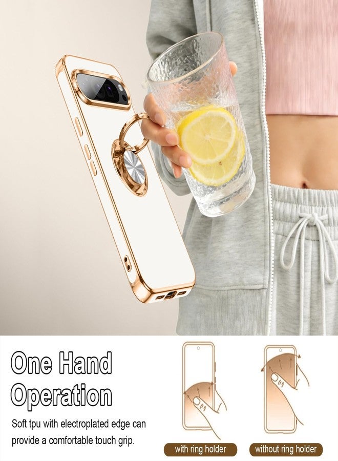 Tnarru Designed for Pixel 10/Pixel 10 Pro Case with Ring Stand, Support Magnetic Car Mount Rotating Finger Holder Soft TPU Cover Plating Edge Slim Phone Case for Pixel 10/10 Pro 5G White - Image 4