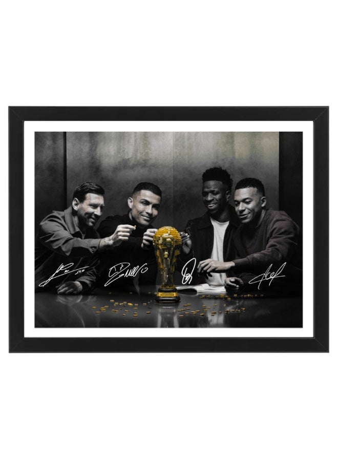 Messi Ronaldo Mbappé Vinícius Jr Printed Autograph Framed Poster 30x40cm – World Cup Trophy Football Legends Wall Art – Soccer Memorabilia Gift