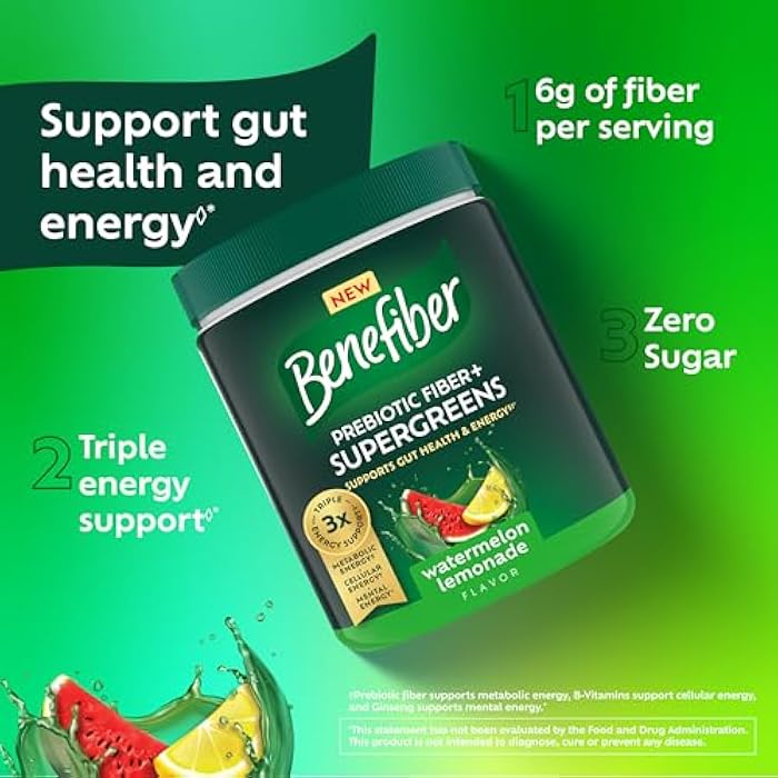 Benefiber Prebiotic GLP-1 Friendly Fiber + Supergreens Dietary Supplement Powder, Watermelon Lemonade Flavor, 8.8 oz (250g) - Image 5