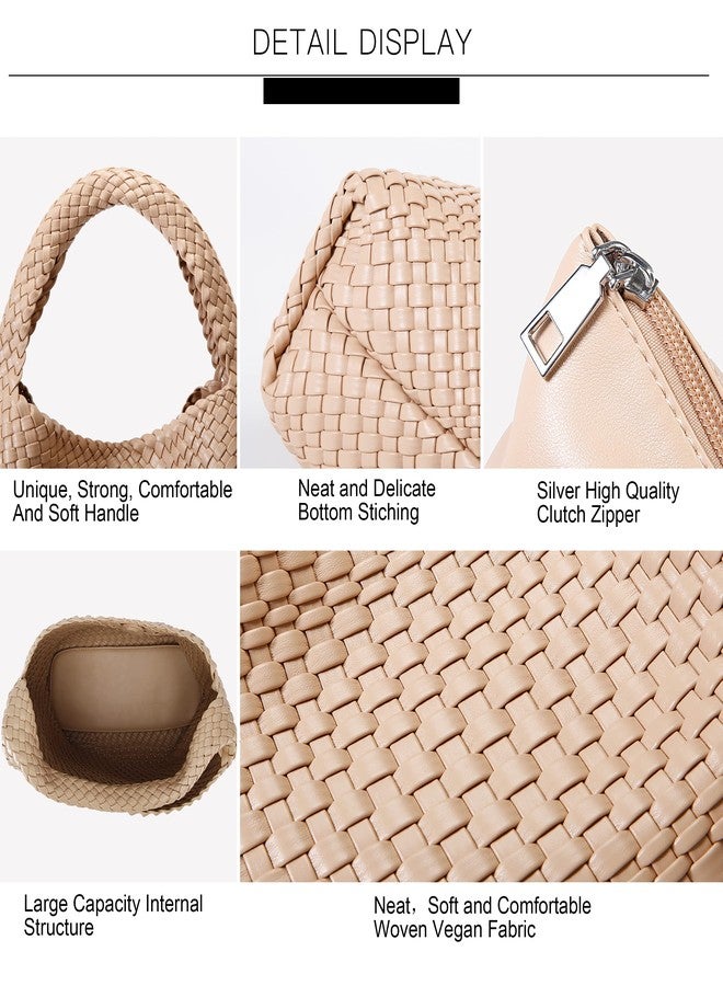 Queenoris Fashion Woven Purse for Women Top-handle Shoulder Bag Soft Summer Hobo Tote Bag, Apricot, Medium - Image 5