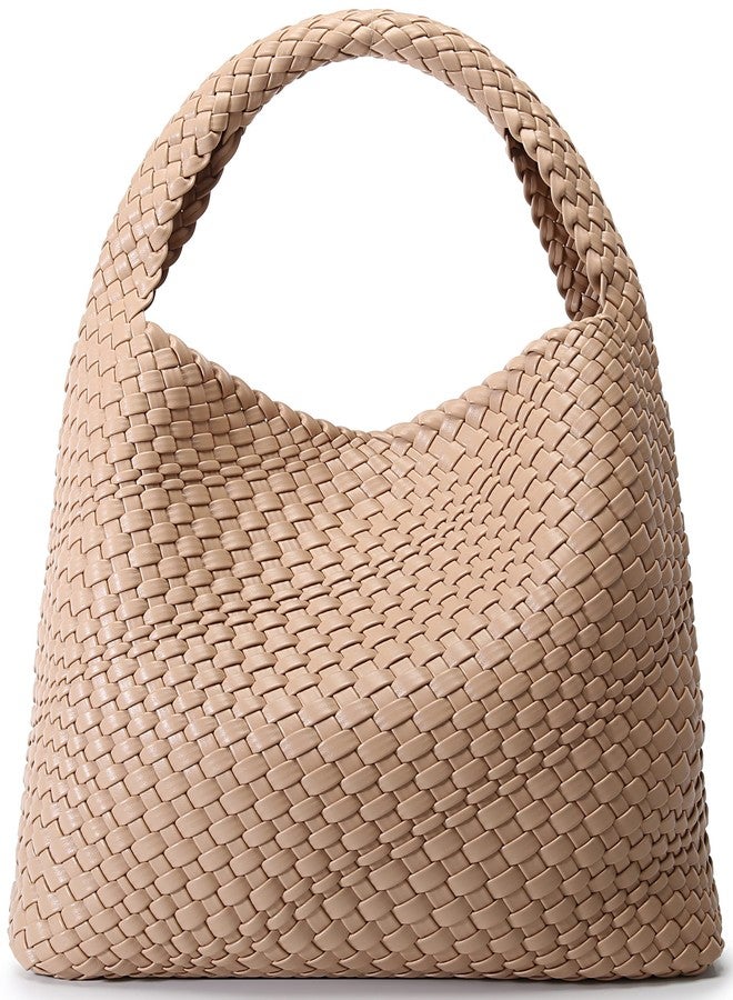 Queenoris Fashion Woven Purse for Women Top-handle Shoulder Bag Soft Summer Hobo Tote Bag, Apricot, Medium - Image 1