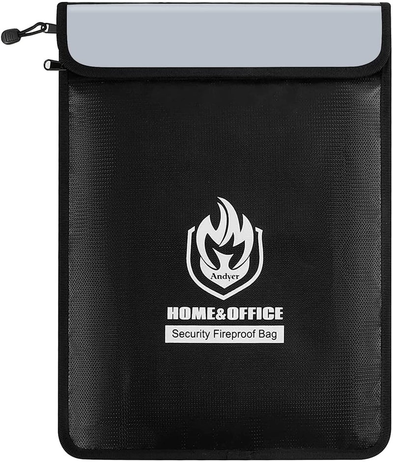 andyer Upgraded Two Pockets Fireproof Document Bag (2000℉), andyer 15”x 11”Waterproof Fireproof Money Bag with Zipper, Waterproof Holder Pouch Fire Safe Bag for Valuables, Legal Documents (Jet Black)  - Image 1