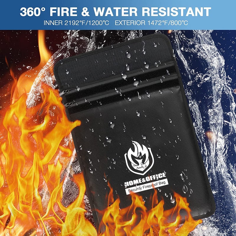 andyer Upgraded Two Pockets Fireproof Document Bag (2000℉), andyer 15”x 11”Waterproof Fireproof Money Bag with Zipper, Waterproof Holder Pouch Fire Safe Bag for Valuables, Legal Documents (Jet Black)  - Image 2