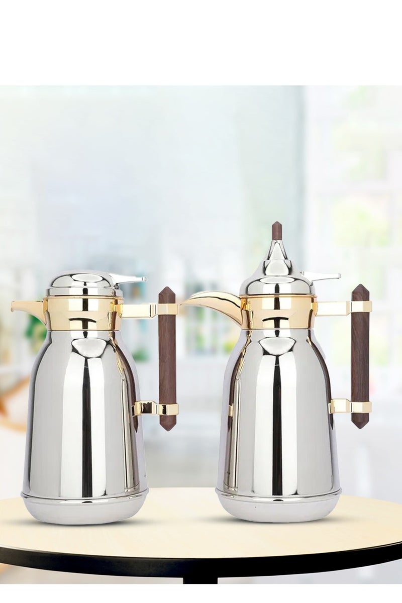 السيف غاليري طقم ترمس شهد ستيل السيف جاليري، 1 لتر، مقبض خشبي، مذهب، قطعتين - فضي - Image 1