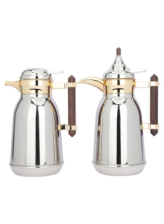 Silver Stainless Steel Thermos With Gilded Line And Wooden Handle, Two Pieces 