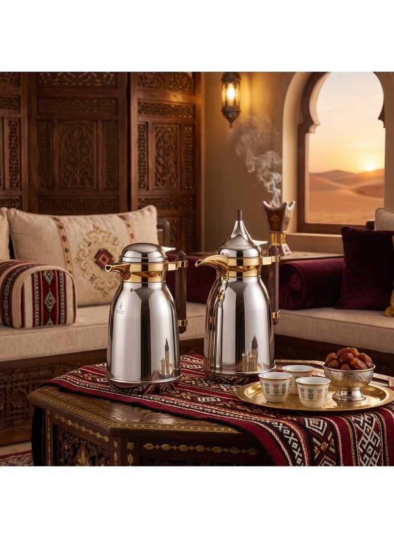 Alsaif Gallery Al Saif Gallery Shahd Thermos Set, 2 Pieces, 1/1 Liter, Heat-Resistant Glass Inner Container, Wooden Handle - Silver Gold - Image 5