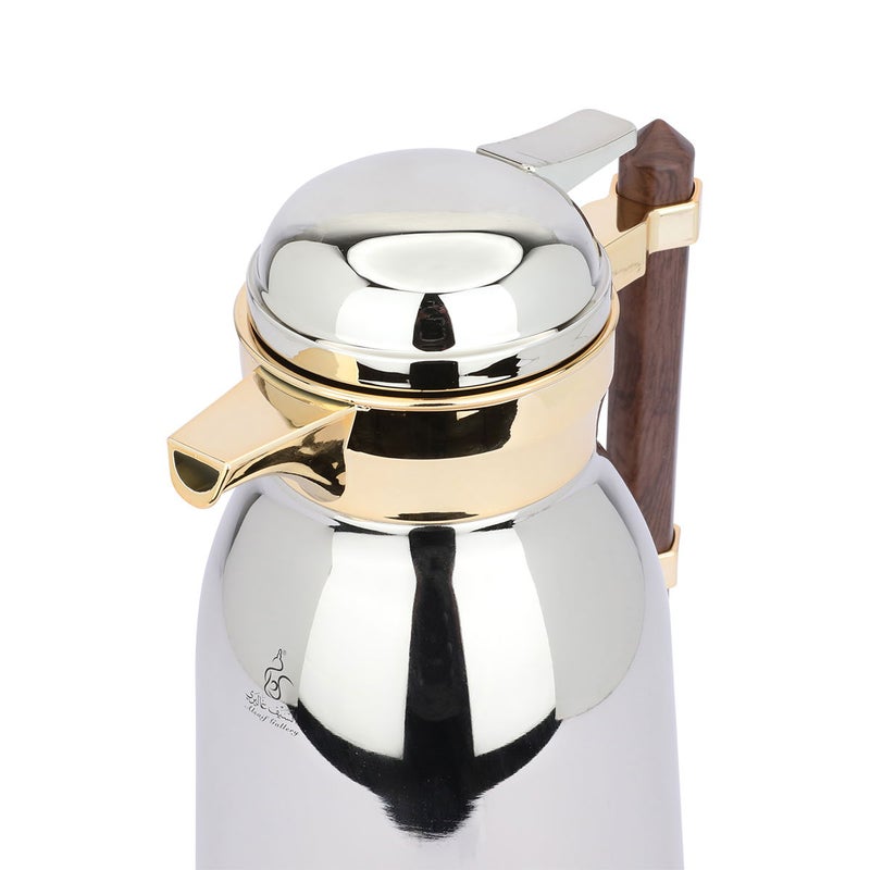 Alsaif Gallery Al Saif Gallery Shahd Thermos Set, 2 Pieces, 1/1 Liter, Heat-Resistant Glass Inner Container, Wooden Handle - Silver Gold - Image 4