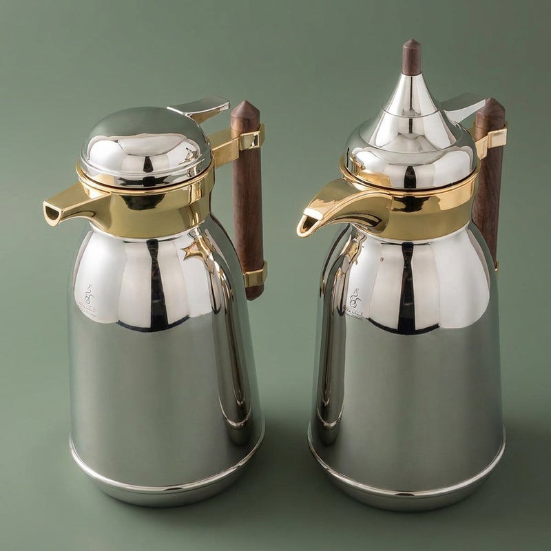 Alsaif Gallery Al Saif Gallery Shahd Thermos Set, 2 Pieces, 1/1 Liter, Heat-Resistant Glass Inner Container, Wooden Handle - Silver Gold - Image 1