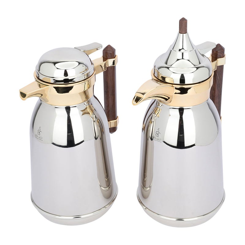Alsaif Gallery Al Saif Gallery Shahd Thermos Set, 2 Pieces, 1/1 Liter, Heat-Resistant Glass Inner Container, Wooden Handle - Silver Gold - Image 2