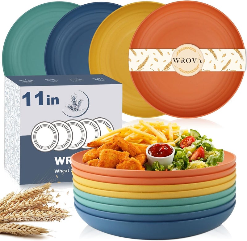 Wrova Large Wheat Straw Dinner Plates  11 Inch Unbreakable Big Set of 8  Dishwasher  Microwave Safe Plastic Plates  Deep Edge for Kitchen  Camping Colorful - Image 1