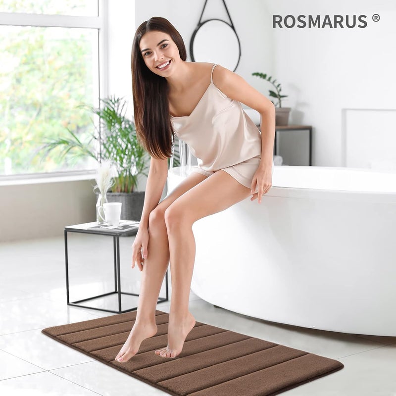 ROSMARUS سجادة حمام من فوم الذاكرة ROSMARUS - مقاس 20 × 32 بوصة، سجادة استحمام ماصة للماء، سجاد حمام سميك مع ظهر PVC، سجاد حمام فائق النعومة للأرضية وحوض الاستحمام، بني - Image 2