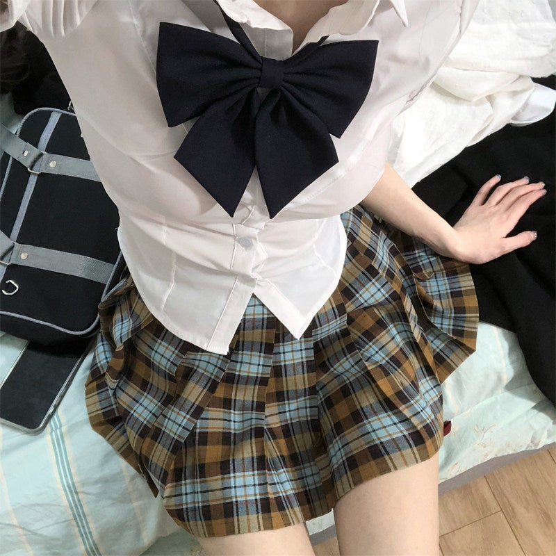 Original Mars JK waist-cinching shirt long-sleeved women's autumn rice fragrance dog short 39cm plaid skirt shows body shape uniform elastic shirt - Image 1