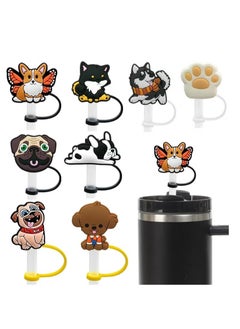 Straw Covers Cap Toppers, 8 Pcs Straw Cover for Stanley Cup, Silicone Straw Covers Cap Reusable Drinking Straw Topper Compatible, for Stanley Cups Accessories (0.4in, Dog)