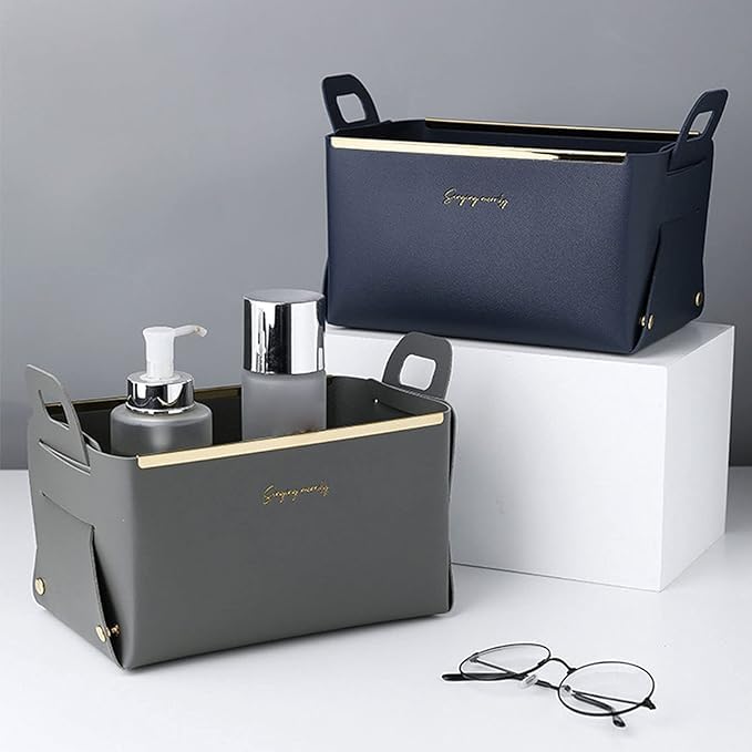 BLURISM Leather Storage Basket Fruit Basket Cube Storage Bin Shelf Storage Baskets Foldable Storage Bins with Lids Containers with Lids Laundry Pantry Alloy Household Office Gift Blue - Image 4