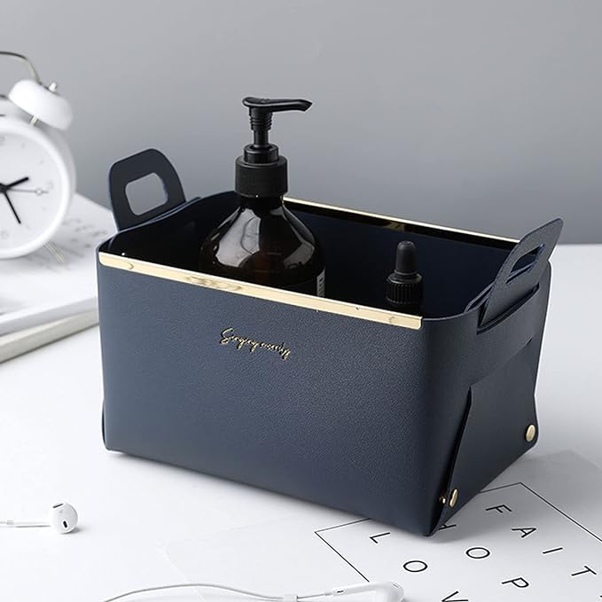 BLURISM Leather Storage Basket Fruit Basket Cube Storage Bin Shelf Storage Baskets Foldable Storage Bins with Lids Containers with Lids Laundry Pantry Alloy Household Office Gift Blue - Image 5