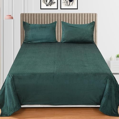 KAWI Velvet Pencil Print 300 GSM Warm Flannel Double Bed Elastic Fitted Fleece King Size Bedsheet with 2 Zipper Pillow Cover (72"x78" X10" Inch) - Green Olive Colour - Image 1
