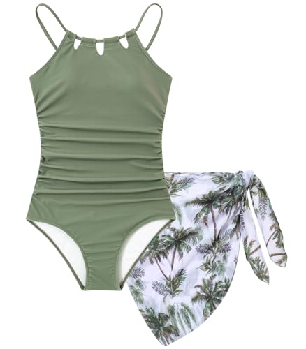 Cuddomper Girls Swimsiut Size 15-16 Green Teen One-Piece Bathing Suit with Tropical Print Mesh Cover Ups Adjustable Straps Cut Out Swimwear - Image 1