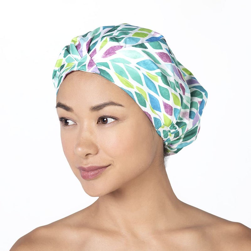 Betty Dain Trendy Turban Comfort Fit Shower Cap, Water Repellent, Sound-reducing Polyester Keeps Hair Protected, Elastic-free Trim Eliminates Imprints With Roomy Design Sleep Cap - Aqua Stones - Image 1