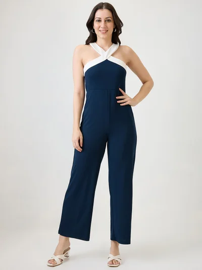 globus Women Navy Blue Halter Style Back Neck Party Jumpsuit