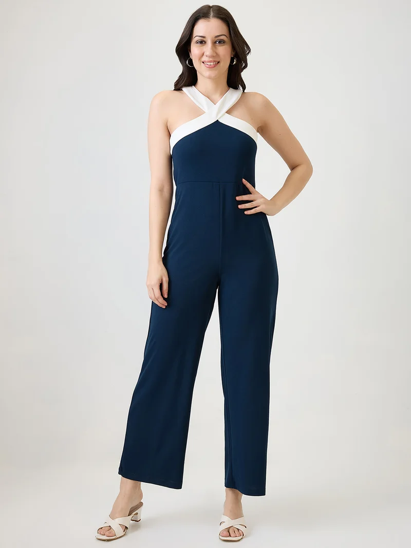 globus Women Navy Blue Halter Style Back Neck Party Jumpsuit