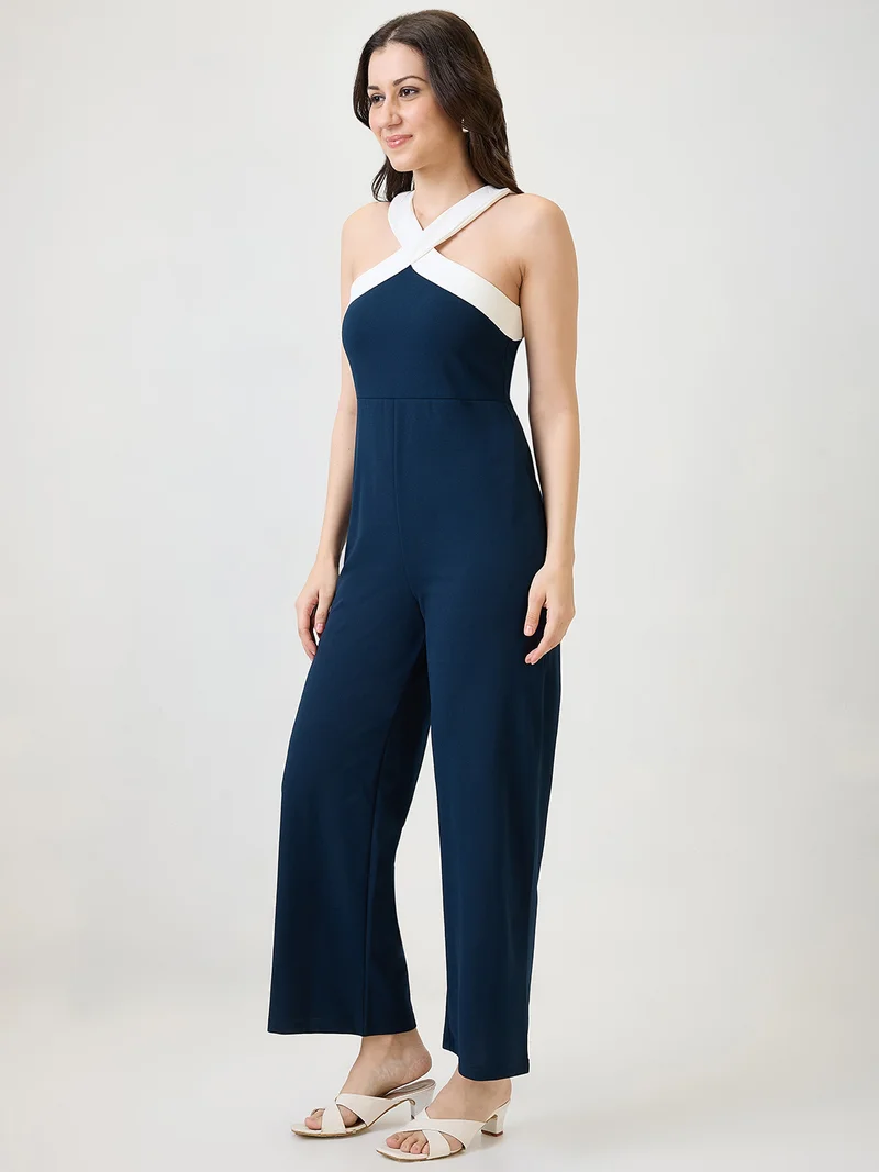 globus Women Navy Blue Halter Style Back Neck Party Jumpsuit