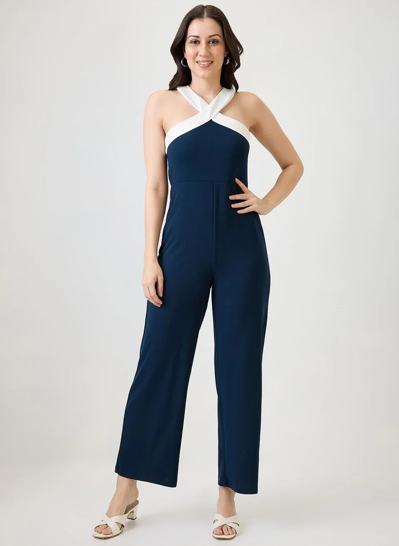 Globus Women Navy Blue Halter Style Back Neck Party Jumpsuit