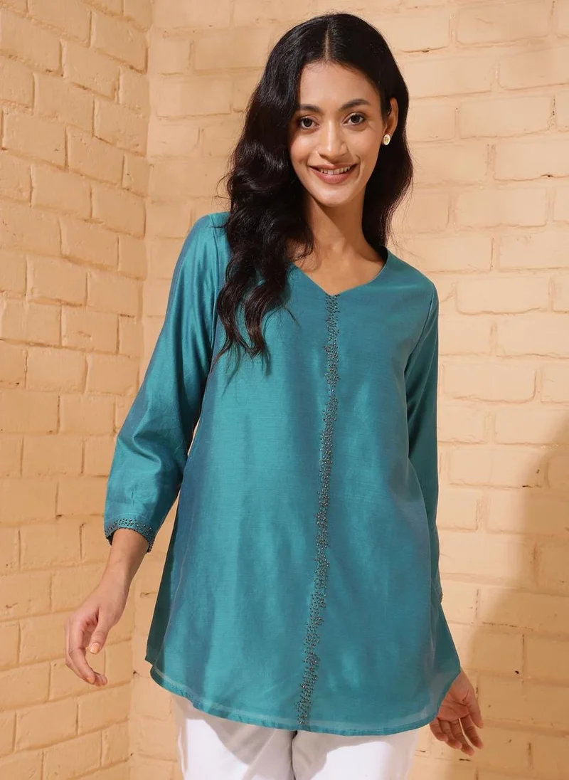 Fabindia Blue Cotton Silk Woven Tunic