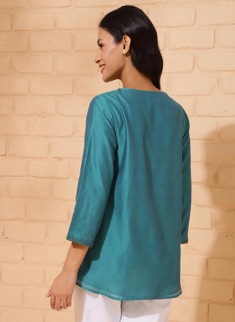 Fabindia Blue Cotton Silk Woven Tunic