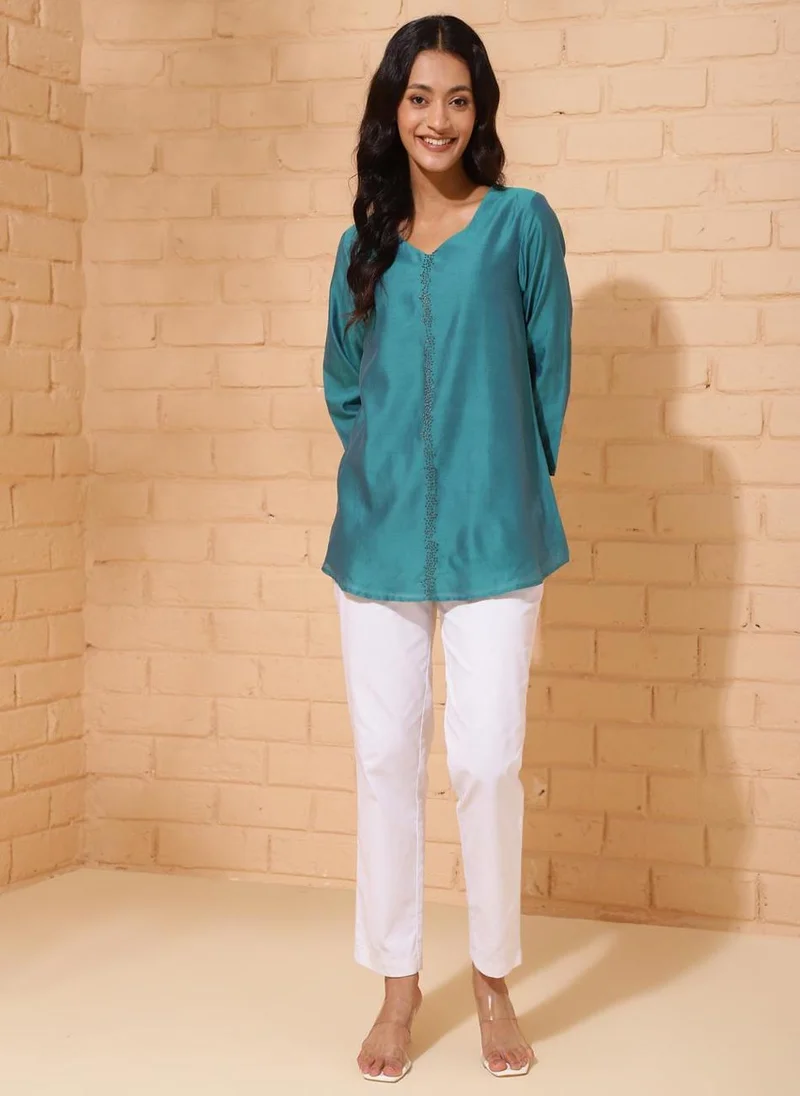 Fabindia Blue Cotton Silk Woven Tunic