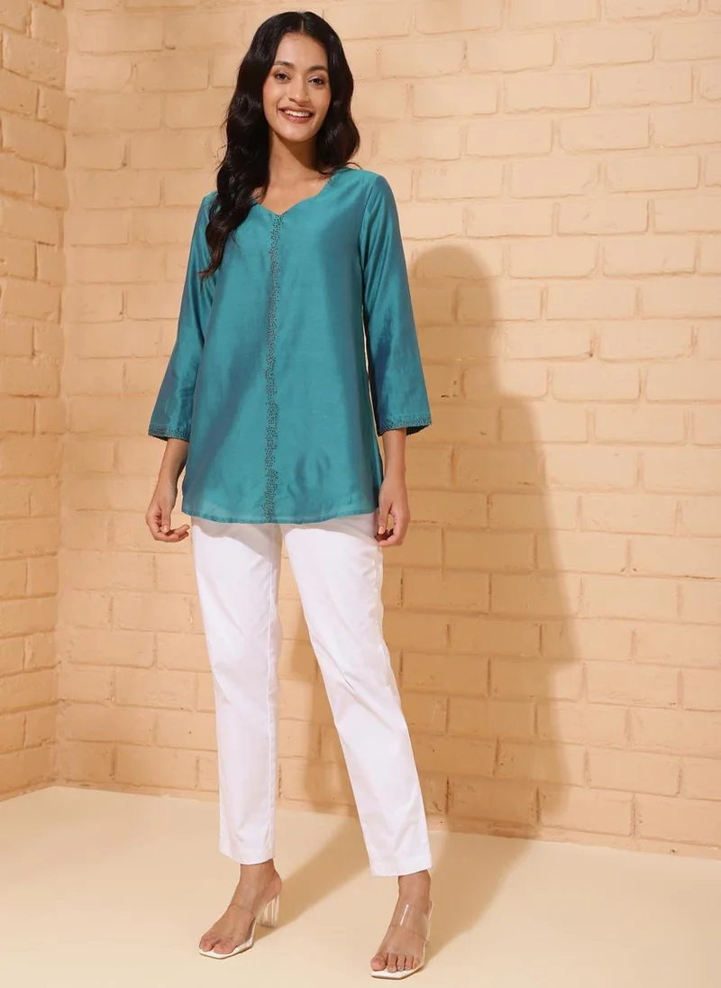 Fabindia Blue Cotton Silk Woven Tunic