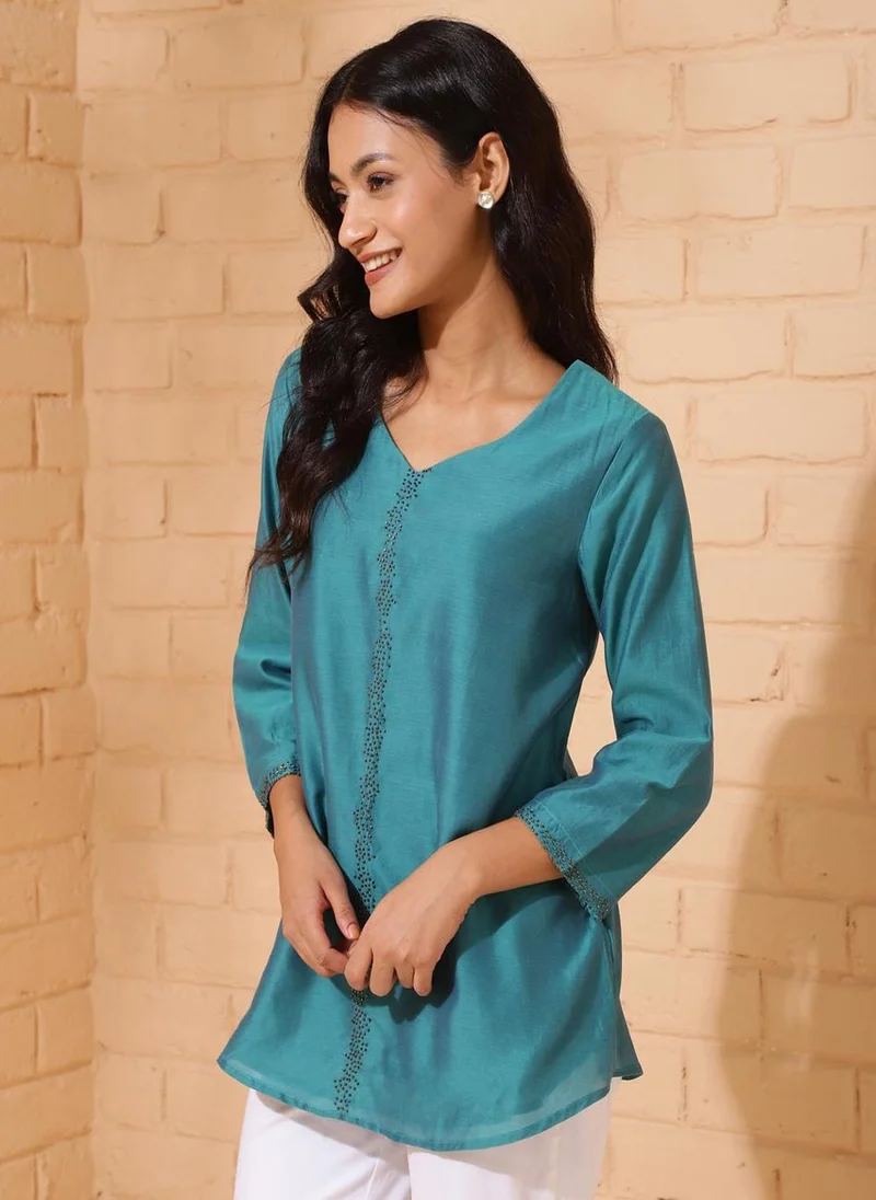 Fabindia Blue Cotton Silk Woven Tunic