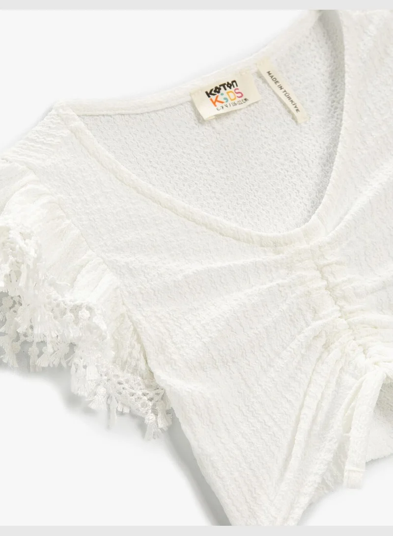 كوتون Crop T-Shirt Degage Front Shirred Sleeves Frilly