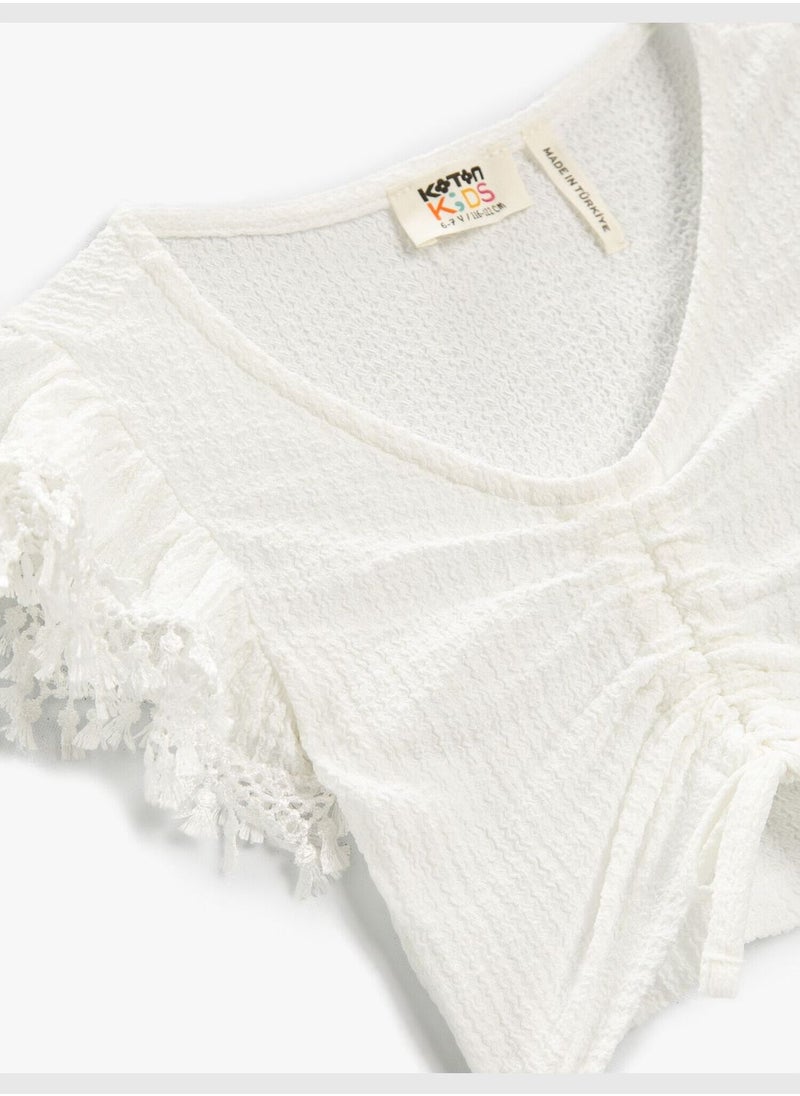KOTON - Crop T-Shirt Degage Front Shirred Sleeves Frilly - Image 1