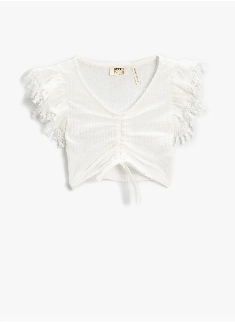 KOTON Crop T-Shirt Degage Front Shirred Sleeves Frilly