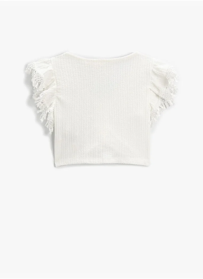 KOTON Crop T-Shirt Degage Front Shirred Sleeves Frilly