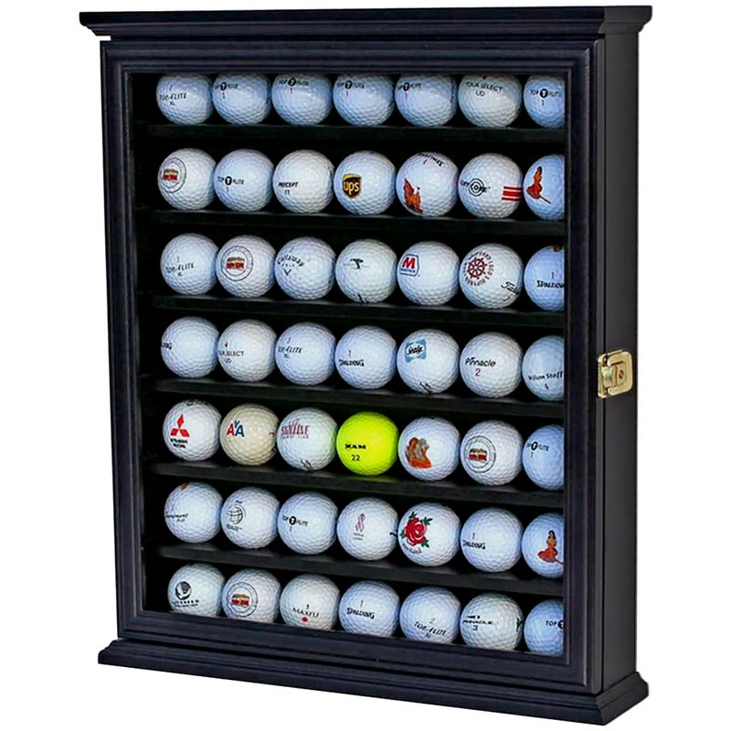 DisplayGifts 49 Golf Ball Display Case Cabinet Wall Rack Holder Frame with Lockable Door Wall Mounted or Stand a Counter Top Black Finish Great Golfers Gift