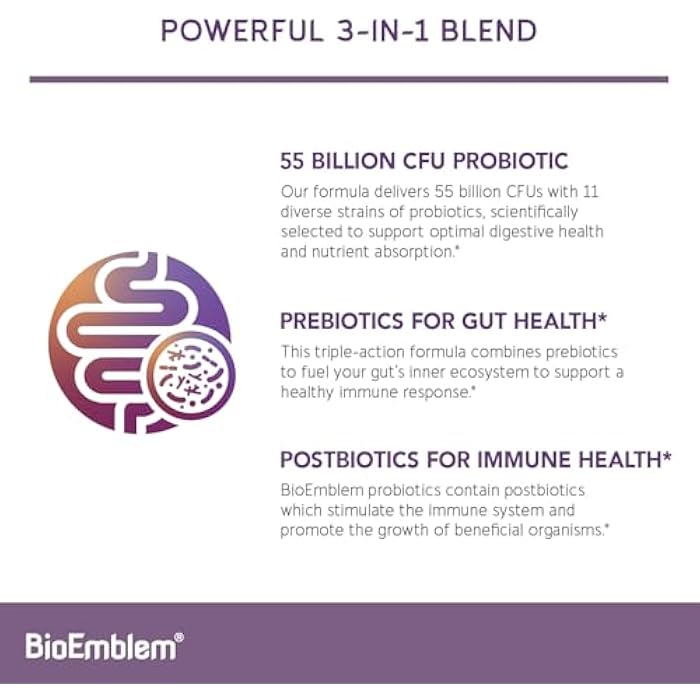 BioEmblem Probiotics for Women & Men – 55 Billion CFU | 11 Strains with Prebiotics & Postbiotics | Jerusalem Artichoke & Inulin | Digestive & Immune Support, Nutrient Absorption | Non-GMO,45 Capsules - Image 2