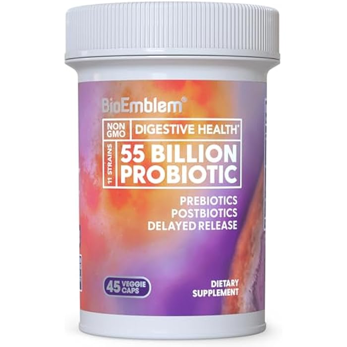 BioEmblem Probiotics for Women & Men – 55 Billion CFU | 11 Strains with Prebiotics & Postbiotics | Jerusalem Artichoke & Inulin | Digestive & Immune Support, Nutrient Absorption | Non-GMO,45 Capsules - Image 1