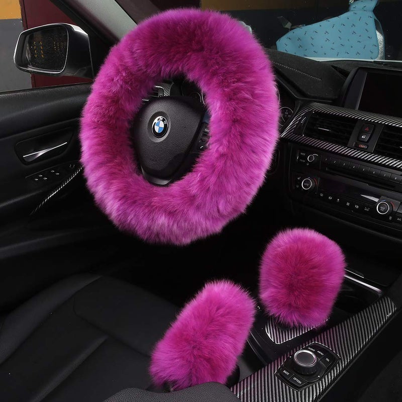 AOGELAN 3Pcs Set Fashion Fluffy Fuzzy Wool Fur Soft Car Steering Wheel Cover with Handbrake Cover Gear Shift Cover for WomenGirlsLadies Auto Long Wool Accessories - Image 3
