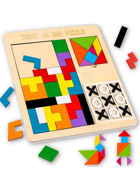 3-in-1 Puzzle Game for Kids - Educational Colorful Square Tangram, Chess, & Tic-Tac-Toe - Multicolor Wooden Building Blocks, Brain Teasers for Boys & Girls, XOXO Board Game Toy