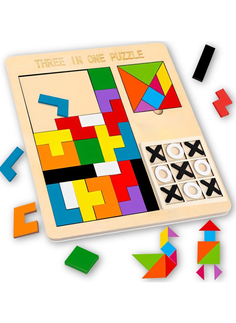 TOY GARDEN 3-in-1 Puzzle Game for Kids - Educational Colorful Square Tangram, Chess, & Tic-Tac-Toe - Multicolor Wooden Building Blocks, Brain Teasers for Boys & Girls, XOXO Board Game Toy  - Image 1