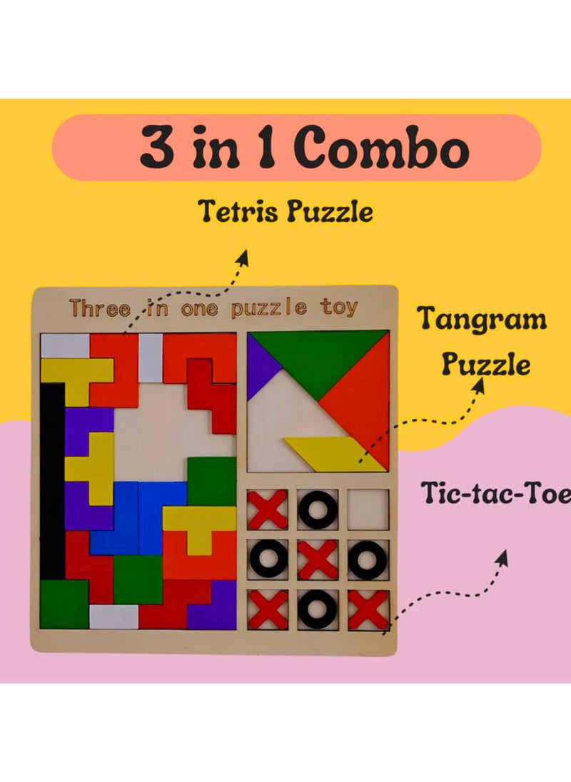 TOY GARDEN 3-in-1 Puzzle Game for Kids - Educational Colorful Square Tangram, Chess, & Tic-Tac-Toe - Multicolor Wooden Building Blocks, Brain Teasers for Boys & Girls, XOXO Board Game Toy  - Image 3
