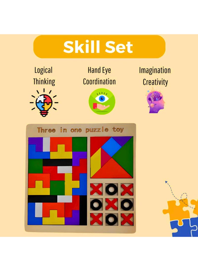 TOY GARDEN 3-in-1 Puzzle Game for Kids - Educational Colorful Square Tangram, Chess, & Tic-Tac-Toe - Multicolor Wooden Building Blocks, Brain Teasers for Boys & Girls, XOXO Board Game Toy  - Image 4