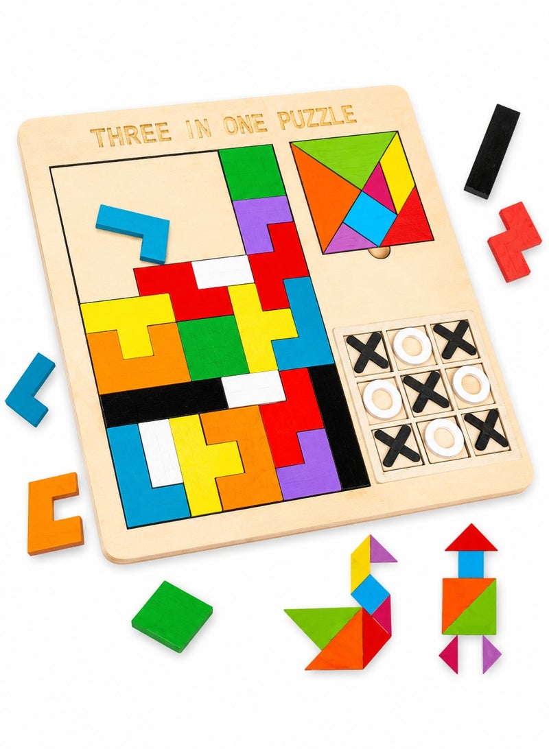 TOY GARDEN 3-in-1 Puzzle Game for Kids - Educational Colorful Square Tangram, Chess, & Tic-Tac-Toe - Multicolor Wooden Building Blocks, Brain Teasers for Boys & Girls, XOXO Board Game Toy - Image 1