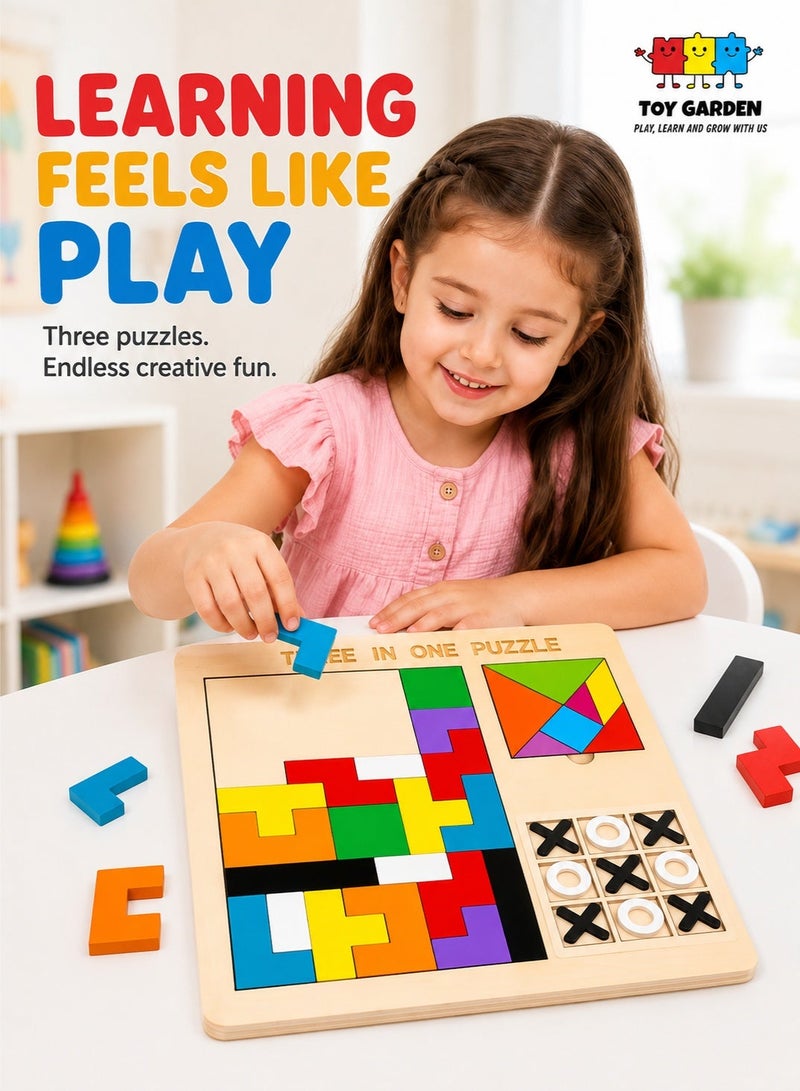 TOY GARDEN 3-in-1 Puzzle Game for Kids - Educational Colorful Square Tangram, Chess, & Tic-Tac-Toe - Multicolor Wooden Building Blocks, Brain Teasers for Boys & Girls, XOXO Board Game Toy - Image 1