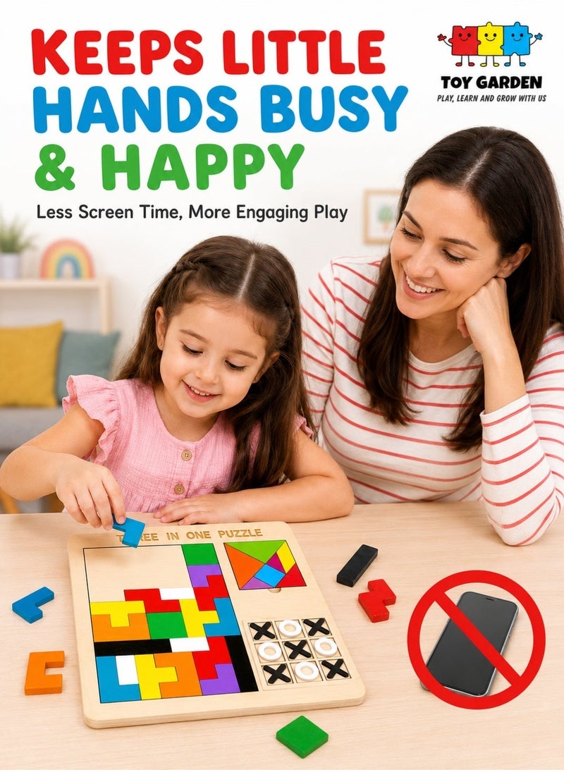 TOY GARDEN 3-in-1 Puzzle Game for Kids - Educational Colorful Square Tangram, Chess, & Tic-Tac-Toe - Multicolor Wooden Building Blocks, Brain Teasers for Boys & Girls, XOXO Board Game Toy - Image 2