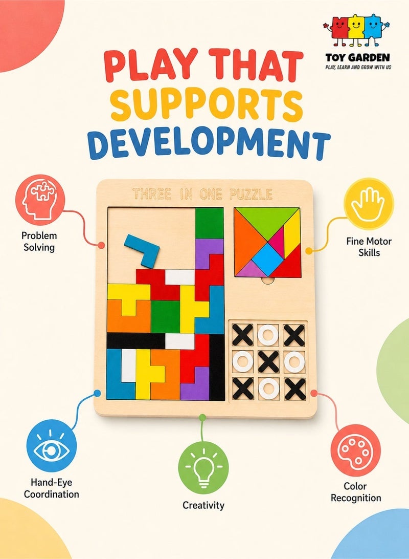 TOY GARDEN 3-in-1 Puzzle Game for Kids - Educational Colorful Square Tangram, Chess, & Tic-Tac-Toe - Multicolor Wooden Building Blocks, Brain Teasers for Boys & Girls, XOXO Board Game Toy - Image 3