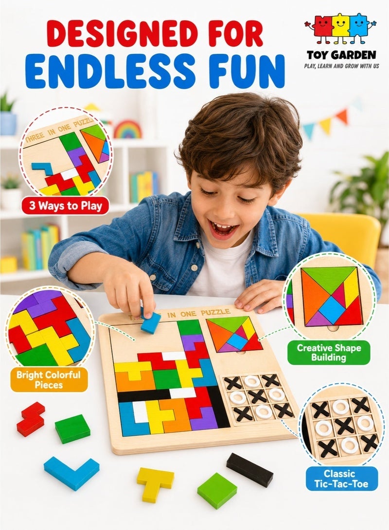 TOY GARDEN 3-in-1 Puzzle Game for Kids - Educational Colorful Square Tangram, Chess, & Tic-Tac-Toe - Multicolor Wooden Building Blocks, Brain Teasers for Boys & Girls, XOXO Board Game Toy - Image 5